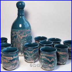 Studio Art Pottery Ceramic Decanter And Cups Ripple Glaze Set of 11 Signed