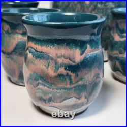 Studio Art Pottery Ceramic Decanter And Cups Ripple Glaze Set of 11 Signed