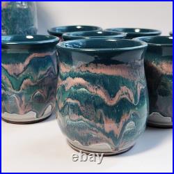 Studio Art Pottery Ceramic Decanter And Cups Ripple Glaze Set of 11 Signed