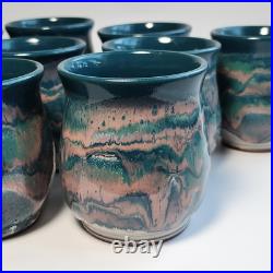 Studio Art Pottery Ceramic Decanter And Cups Ripple Glaze Set of 11 Signed