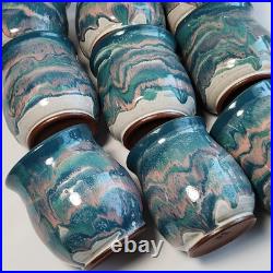 Studio Art Pottery Ceramic Decanter And Cups Ripple Glaze Set of 11 Signed