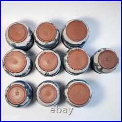 Studio Art Pottery Ceramic Decanter And Cups Ripple Glaze Set of 11 Signed