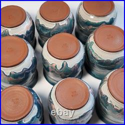 Studio Art Pottery Ceramic Decanter And Cups Ripple Glaze Set of 11 Signed