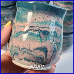 Studio Art Pottery Ceramic Decanter And Cups Ripple Glaze Set of 11 Signed