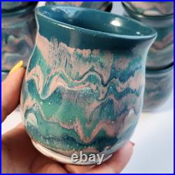 Studio Art Pottery Ceramic Decanter And Cups Ripple Glaze Set of 11 Signed