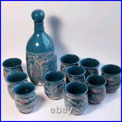 Studio Art Pottery Ceramic Decanter And Cups Ripple Glaze Set of 11 Signed