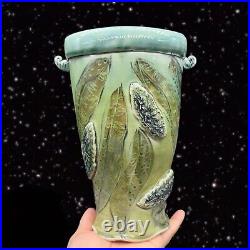 Studio Art Pottery Vase Applied Green Leafs Creased Glaze W Handles Signed 9W