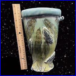 Studio Art Pottery Vase Applied Green Leafs Creased Glaze W Handles Signed 9W