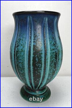 Studio Art Pottery Vase SIGNED Natalie BLAKE Vessel Carved Footed Ribbed Ceramic Studio Art Pottery Vase SIGNED Natalie BLAKE Vessel Carved Footed Ribbed Ceramic