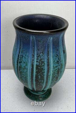 Studio Art Pottery Vase SIGNED Natalie BLAKE Vessel Carved Footed Ribbed Ceramic