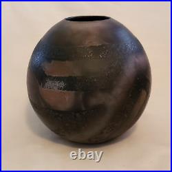 Studio Art Raku Vase Ceramic Pottery Dark Vessel Signed 6½ Tall 6? Diameter