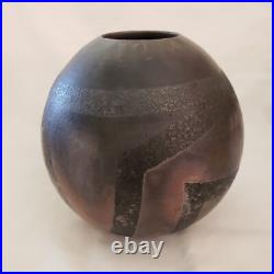 Studio Art Raku Vase Ceramic Pottery Dark Vessel Signed 6½ Tall 6? Diameter