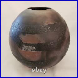 Studio Art Raku Vase Ceramic Pottery Dark Vessel Signed 6½ Tall 6? Diameter