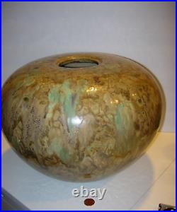 Studio Ceramic Art Pottery Vase Mid Century modern vessel tan brown aqua 10x12