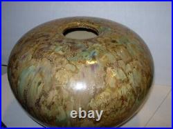 Studio Ceramic Art Pottery Vase Mid Century modern vessel tan brown aqua 10x12