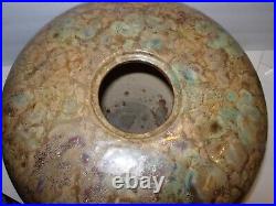 Studio Ceramic Art Pottery Vase Mid Century modern vessel tan brown aqua 10x12