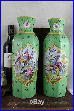 Stunning PAIR European Art Ceramic green bird Vases insects floral 1930