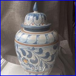 TAC CACTIROME Ceramic Floral Lidded Jar Blue White Orange Art Pottery