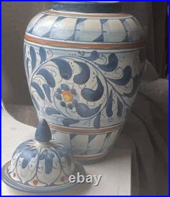TAC CACTIROME Ceramic Floral Lidded Jar Blue White Orange Art Pottery