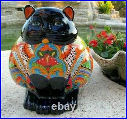 Talavera Cat Planter Mexican Art Pottery Animal Figure Ceramic Flower Pot Lg 18
