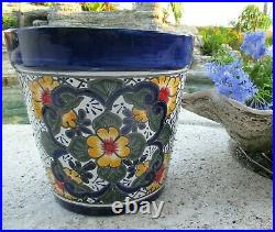 Talavera Pottery Planter Mexican Ceramic Art Garden Flower Pot Blue White 13x14