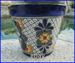 Talavera Pottery Planter Mexican Ceramic Art Garden Flower Pot Blue White 13x14