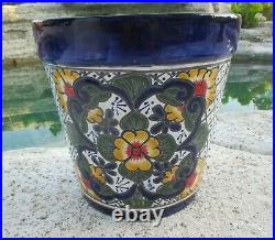 Talavera Pottery Planter Mexican Ceramic Art Garden Flower Pot Blue White 13x14