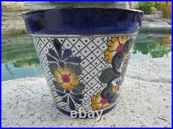 Talavera Pottery Planter Mexican Ceramic Art Garden Flower Pot Blue White 13x14