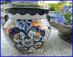 Talavera Pottery Planter Mexican Ceramic Art Garden Flower Pot Blue White 13x15