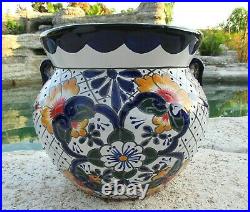 Talavera Pottery Planter Mexican Ceramic Art Garden Flower Pot Blue White 13x15