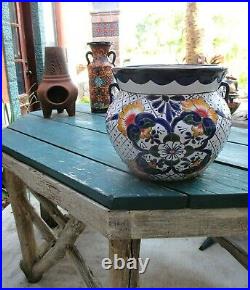 Talavera Pottery Planter Mexican Ceramic Art Garden Flower Pot Blue White 13x15