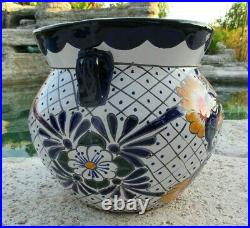 Talavera Pottery Planter Mexican Ceramic Art Garden Flower Pot Blue White 13x15