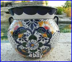 Talavera Pottery Planter Mexican Ceramic Art Garden Flower Pot Blue White 13x15