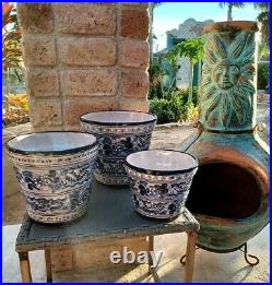 Talavera Pottery Planter Set of Three Mexican Ceramic Art Flower Pot Blue