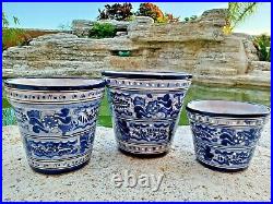 Talavera Pottery Planter Set of Three Mexican Ceramic Art Flower Pot Blue