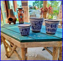 Talavera Pottery Planter Set of Three Mexican Ceramic Art Flower Pot Blue