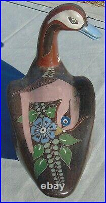 Tonala Mexican Folk Art Pottery Duck Ceramic Floral Large