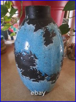 Turquoise Crackle Glaze on Black Handmade Studio Pottery Vase 12 Tall