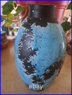 Turquoise Crackle Glaze on Black Handmade Studio Pottery Vase 12 Tall