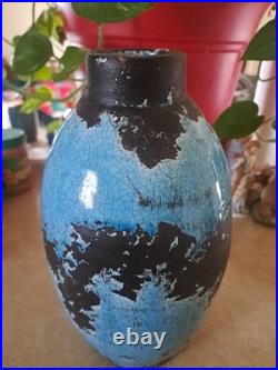 Turquoise Crackle Glaze on Black Handmade Studio Pottery Vase 12 Tall