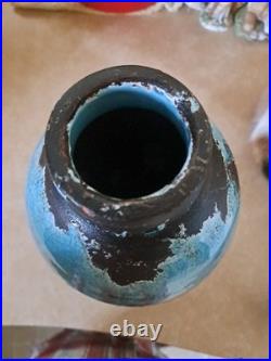 Turquoise Crackle Glaze on Black Handmade Studio Pottery Vase 12 Tall