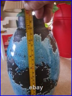 Turquoise Crackle Glaze on Black Handmade Studio Pottery Vase 12 Tall