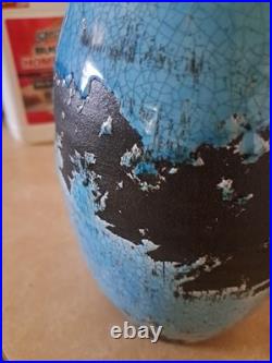 Turquoise Crackle Glaze on Black Handmade Studio Pottery Vase 12 Tall