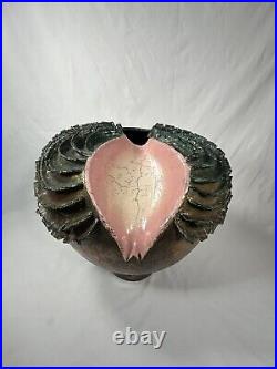 ULTRA UNIQUE RARE Round Iridescent Raku Vase Studio Art Pottery LARGE 12 Helene