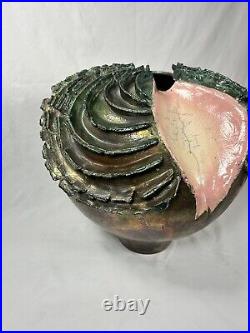 ULTRA UNIQUE RARE Round Iridescent Raku Vase Studio Art Pottery LARGE 12 Helene