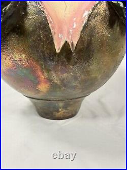 ULTRA UNIQUE RARE Round Iridescent Raku Vase Studio Art Pottery LARGE 12 Helene