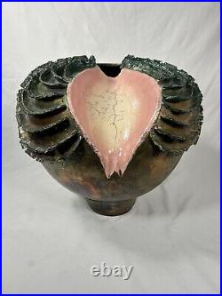 ULTRA UNIQUE RARE Round Iridescent Raku Vase Studio Art Pottery LARGE 12 Helene