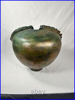 ULTRA UNIQUE RARE Round Iridescent Raku Vase Studio Art Pottery LARGE 12 Helene