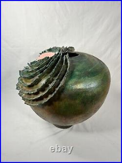 ULTRA UNIQUE RARE Round Iridescent Raku Vase Studio Art Pottery LARGE 12 Helene