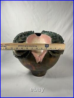 ULTRA UNIQUE RARE Round Iridescent Raku Vase Studio Art Pottery LARGE 12 Helene